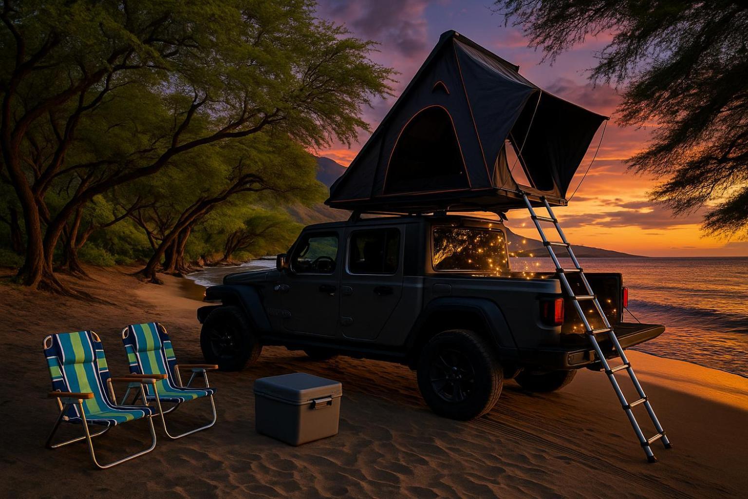 Embark On A Journey Through Maui With Aloha Glamp's Jeep And Rooftop Tent Allows To Discover Diverse Campgrounds, Unveiling The Island's Beauty From Unique Perspectives Each Day Glamping *